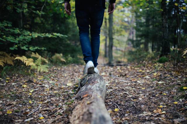 Mann läuft auf Baumstamm im Wald