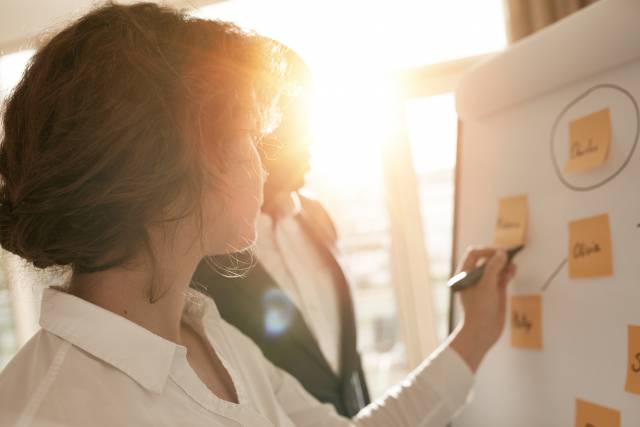 Frau schreibt an Flipchart